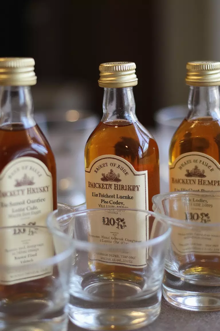 Mini Bourbon Or Whiskey Bottles A professional photo, similar to a photo in a wedding magazine, of miniature whiskey bottles with custom labels, arranged with crystal tumblers.
