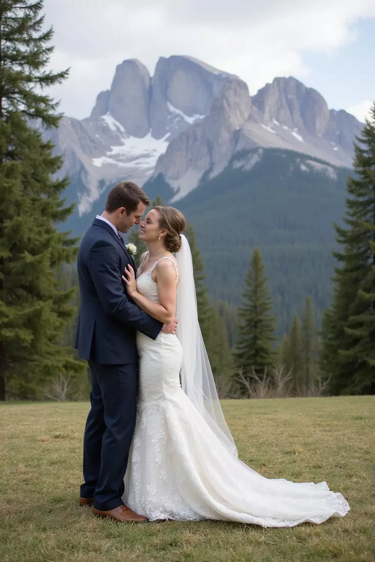 Couple Among Nature's Grandeur A professional photo, similar to a photo in a wedding magazine, of newlyweds embracing against majestic mountain backdrop, nature's grandeur surrounding them.