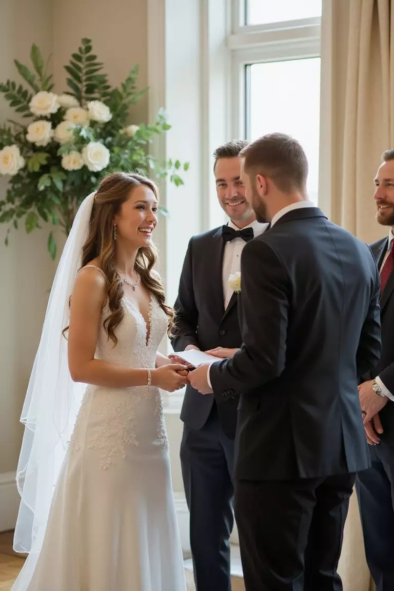 Laughter During The Vows A professional photo, similar to a photo in a wedding magazine, of couple genuinely laughing during ceremony vows exchange, emotional authenticity captured.