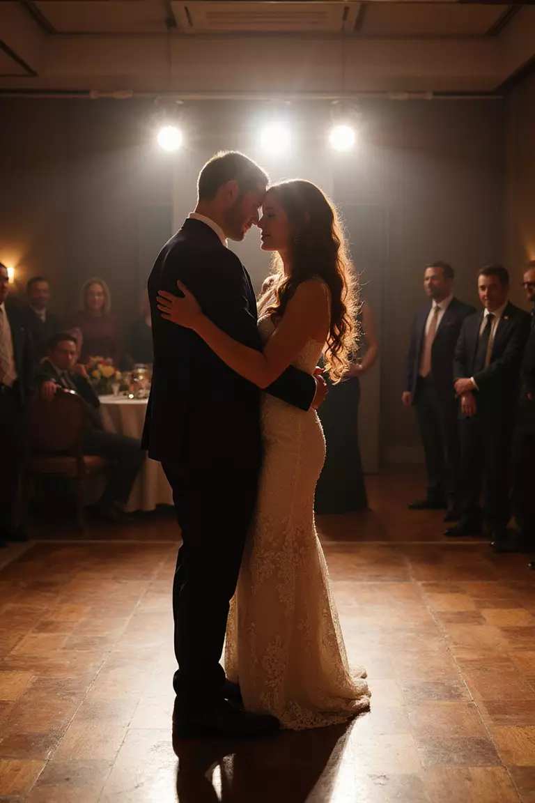 Dance Floor First Dance A professional photo, similar to a photo in a wedding magazine, of couple's first dance with soft spotlighting, creating intimate atmosphere on empty dance floor.