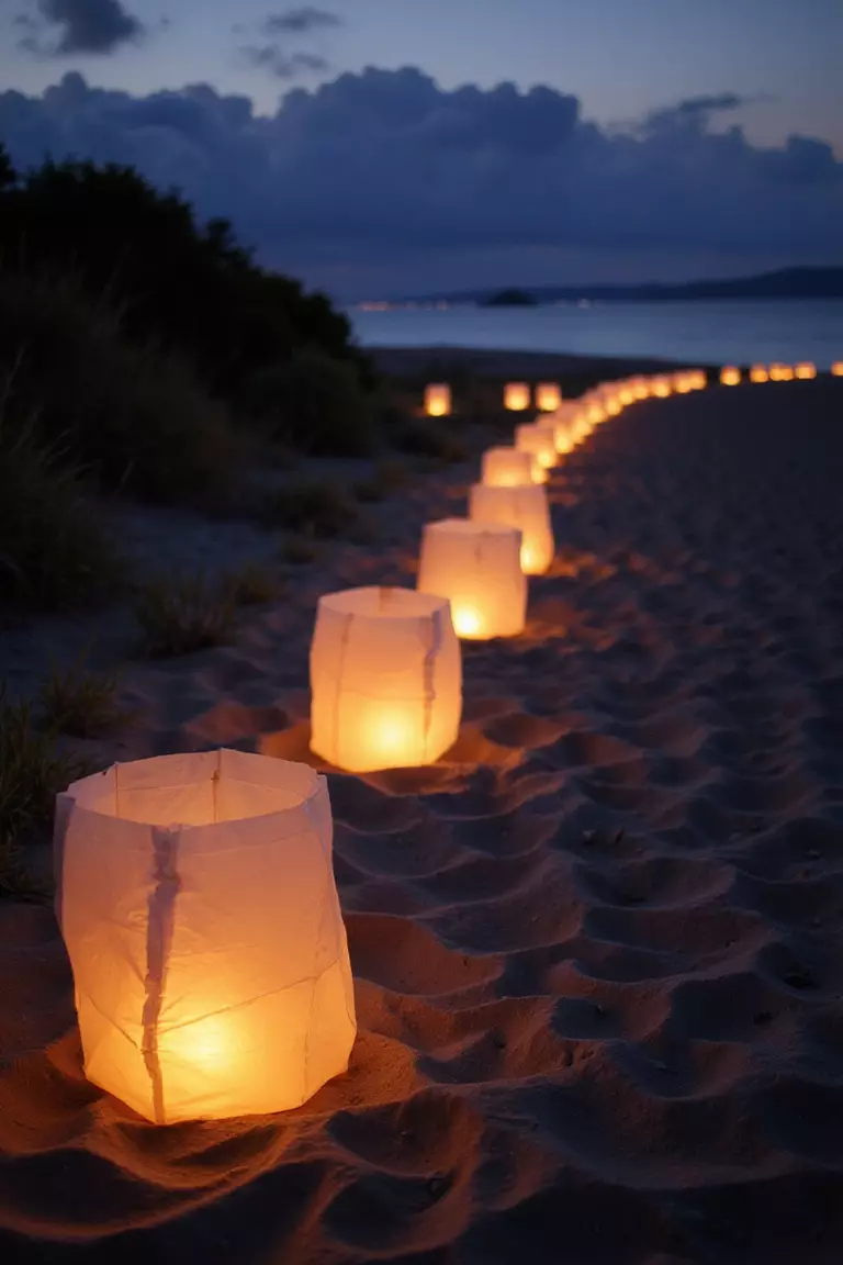 Lantern Lighting A professional photo, similar to a photo in a wedding magazine, of paper lanterns glowing at dusk along a beach pathway, creating a romantic ambiance for evening festivities.
