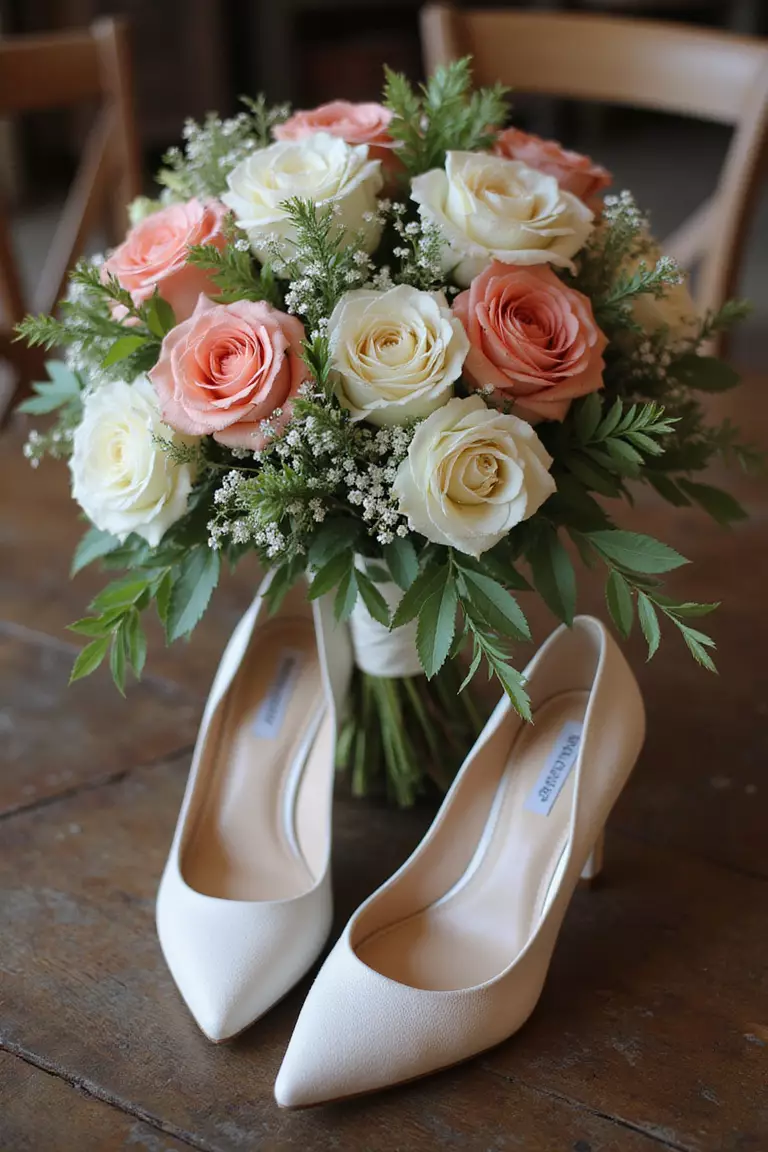 Shoes And Bouquet Still Life A professional photo, similar to a photo in a wedding magazine, of bridal shoes and bouquet artfully arranged on vintage table, details highlighting wedding colors.