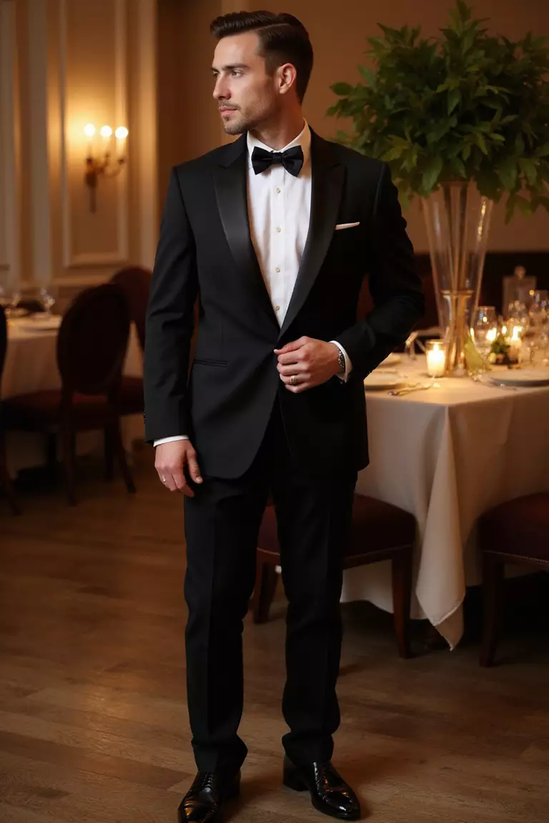 Black Tuxedo For Formal Evening Affairs A professional photo, similar to a photo in a wedding magazine, of a man in a black tuxedo with satin lapels, bow tie, and polished shoes at a candlelit formal venue.