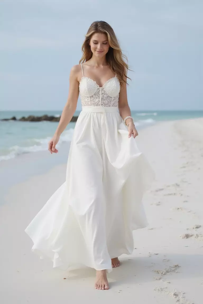 Barefoot Elegance A professional photo, similar to a photo in a wedding magazine, of a bride in a flowing gown walking barefoot on white sand, her dress catching the ocean breeze.