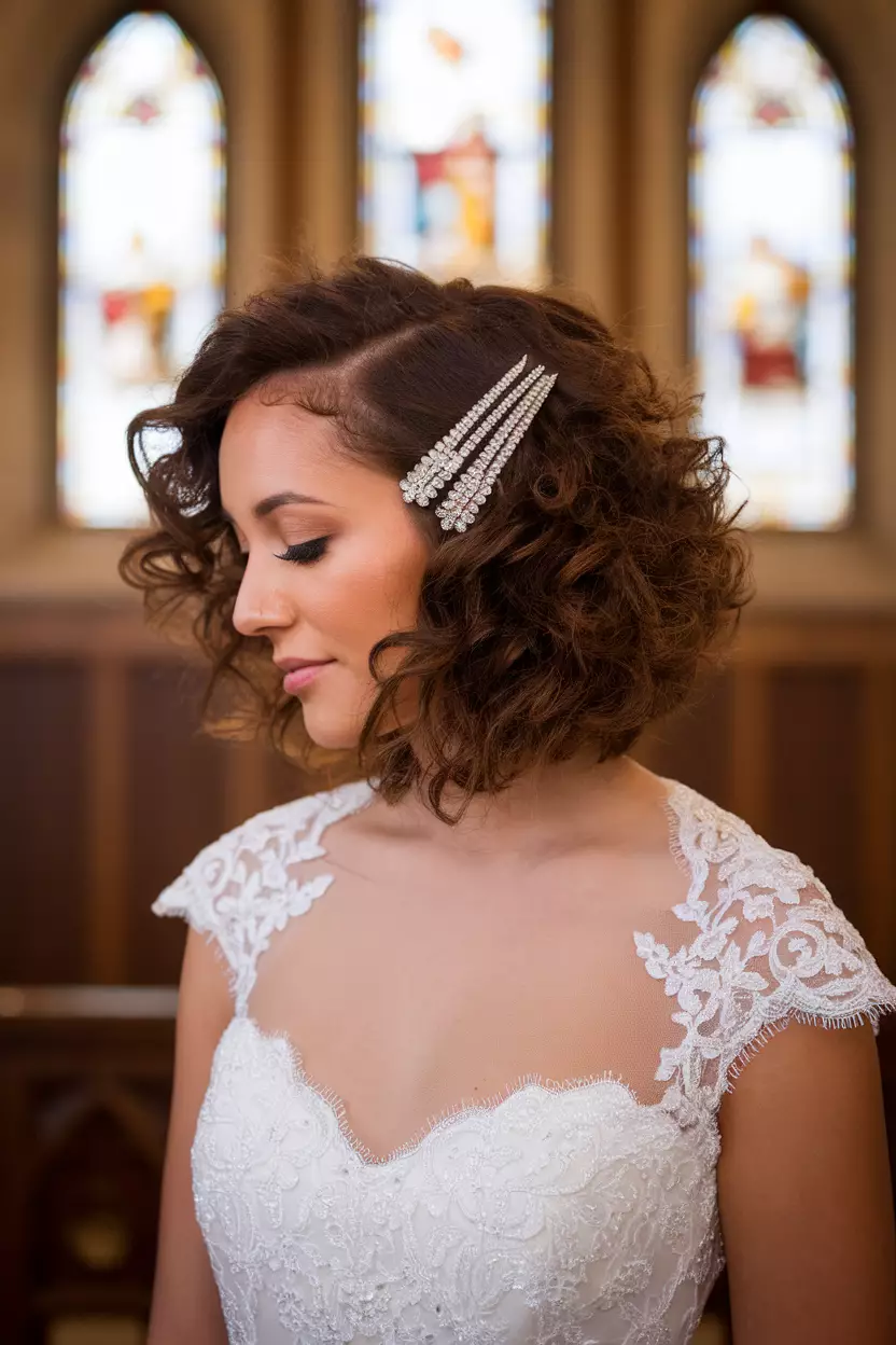 Textured Curly Faux Bob A professional photo, similar to a photo in a wedding magazine, of a bride with a textured curly faux bob pinned under to create the illusion of shorter hair, with vintage rhinestone clips.