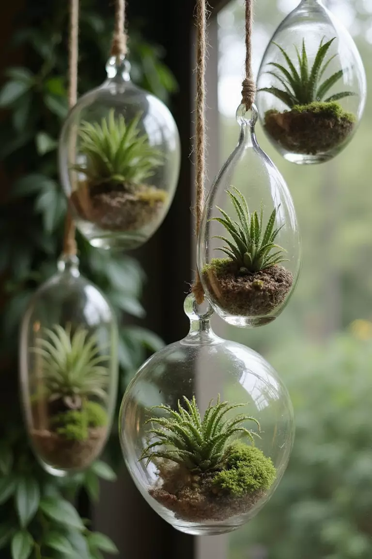 Hanging Terrarium Garlands With Air Plants A professional photo, similar to a photo in a wedding magazine, of glass terrariums containing air plants and moss suspended at varying heights creating a magical atmosphere.