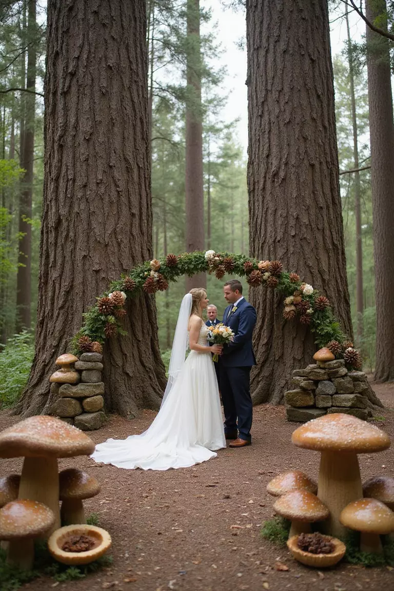 Woodland Brown Wedding Inspiration A professional photo, similar to a photo in a wedding magazine, of woodland wedding ceremony under tall trees with brown mushroom decorations, pine cones, and forest elements.