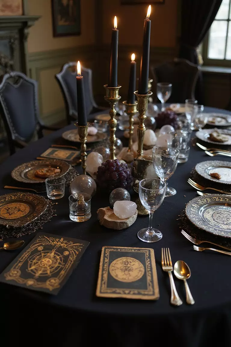 Black Magic And Mysticism A professional photo, similar to a photo in a wedding magazine, of a reception table featuring crystal balls, tarot cards as place settings, black candles, and mystical symbols etched in gold on dark velvet tablecloths.