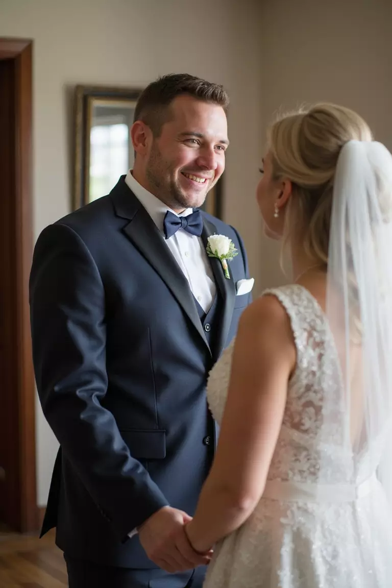 First Look Candid Moments A professional photo, similar to a photo in a wedding magazine, of a groom's genuine emotional reaction seeing his bride for the first time, captured candidly.