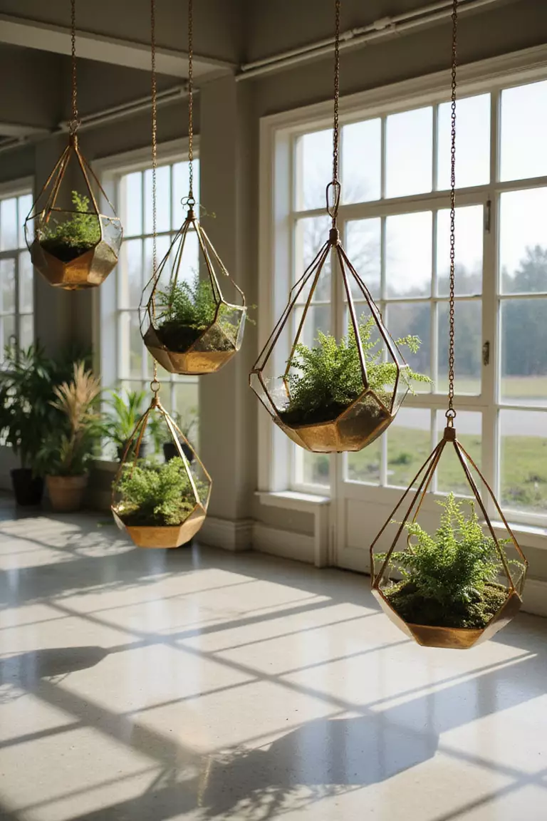 Hanging Gold Terrariums With Ferns A professional photo, similar to a photo in a wedding magazine, of geometric gold terrariums hanging from venue ceiling, filled with delicate ferns and moss, casting intricate shadows.