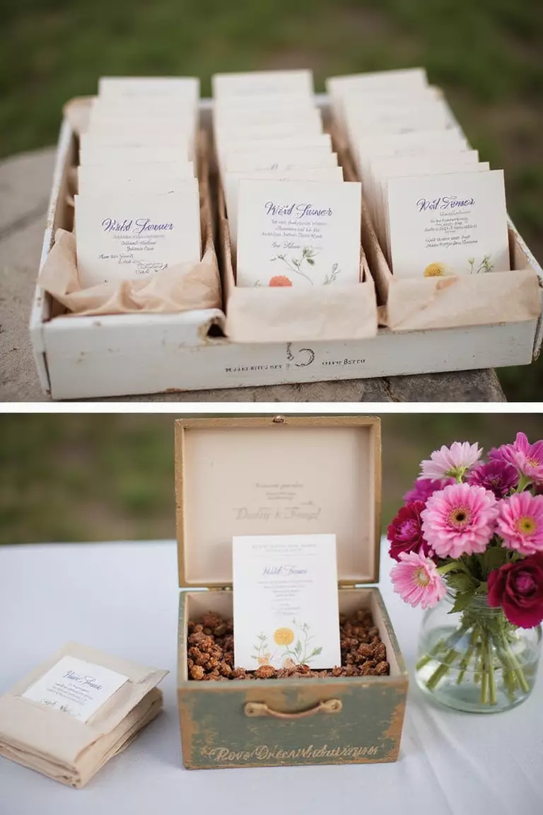 Wildflower Seed Packet Favors A professional photo, similar to a photo in a wedding magazine, of personalized wildflower seed packets arranged in vintage boxes as wedding favors, with a small blooming flower display nearby.