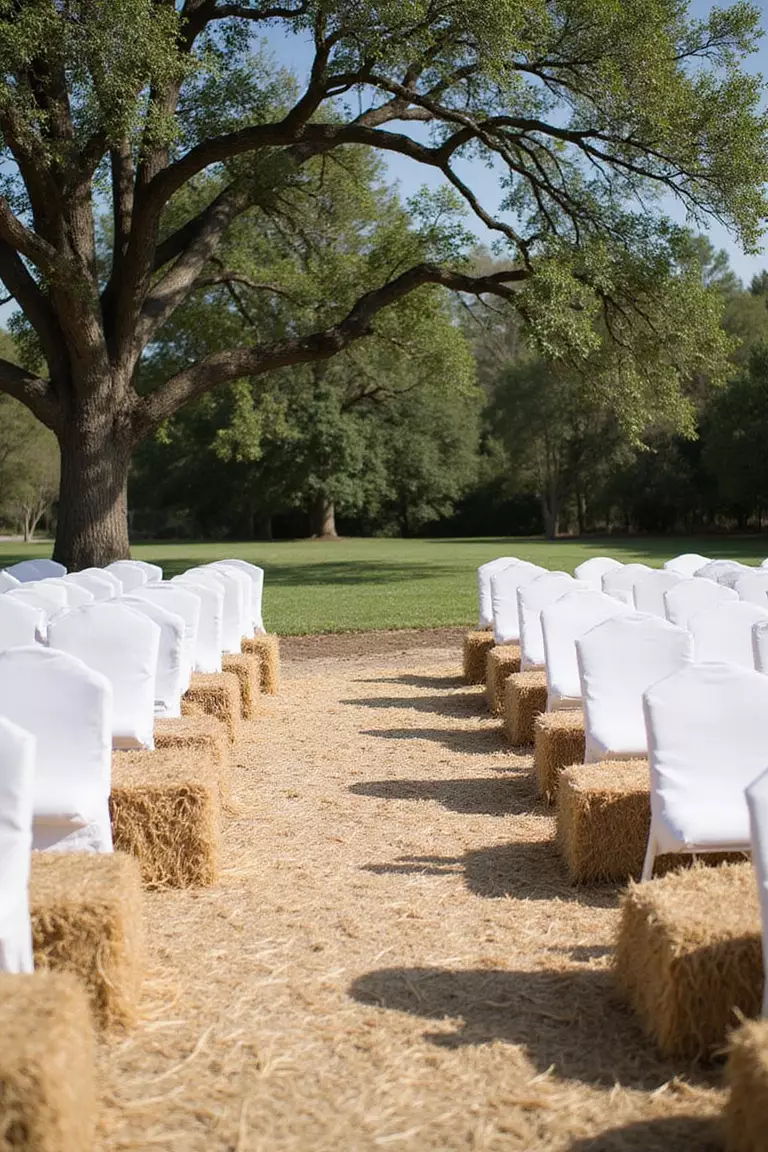 Hay Bale Seating For Outdoor Ceremonies A professional photo, similar to a photo in a wedding magazine, of neatly arranged hay bales covered with white linen, creating rustic seating for guests at an outdoor ceremony under oak trees.