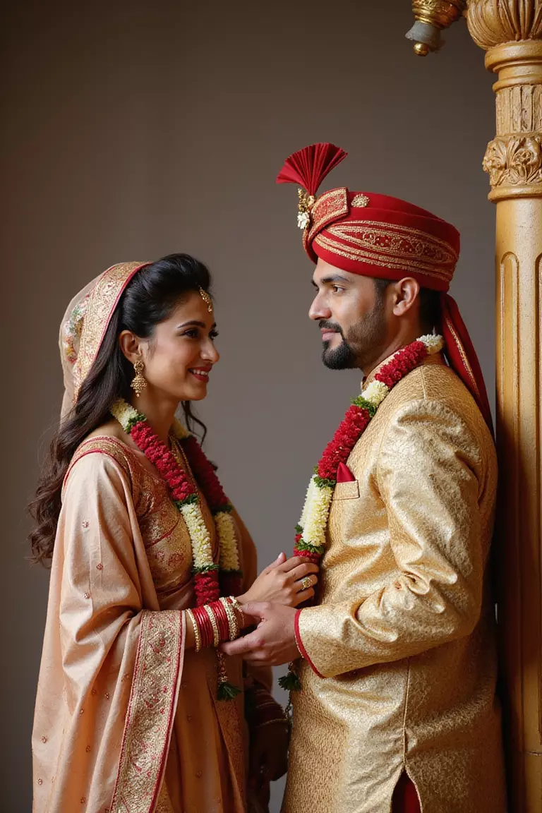 Cultural Ceremony Traditions A professional photo, similar to a photo in a wedding magazine, of couple participating in cultural wedding tradition, authentically capturing heritage moment.
