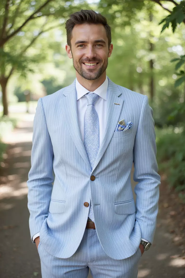 Seersucker Suit For Outdoor Spring Events A professional photo, similar to a photo in a wedding magazine, of a man in a light blue and white striped seersucker suit at a springtime outdoor wedding ceremony.