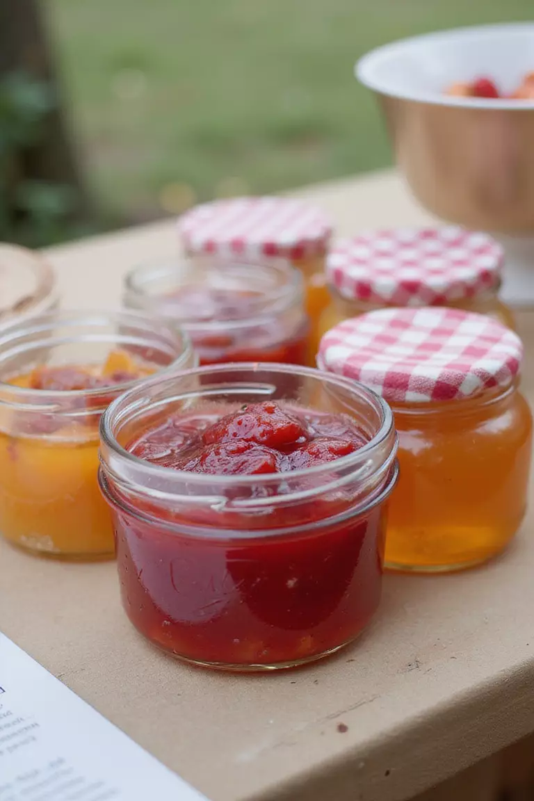 Artisanal Jam Jars A professional photo, similar to a photo in a wedding magazine, of small glass jars filled with colorful fruit preserves, topped with fabric covers.