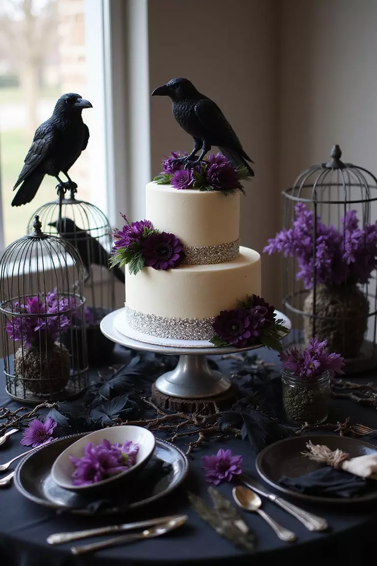 Raven And Crow Symbolism A professional photo, similar to a photo in a wedding magazine, of a cake table adorned with black feathers, miniature raven sculptures, dark branching centerpieces, and vintage birdcages filled with deep purple flowers.