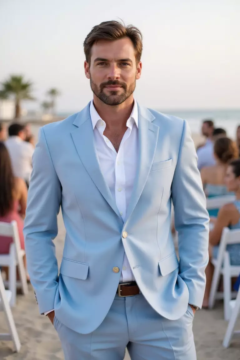 Pastel Suit For Beach Weddings A professional photo, similar to a photo in a wedding magazine, of a man in a light pastel blue suit with open-collar white shirt at a beachfront wedding ceremony.