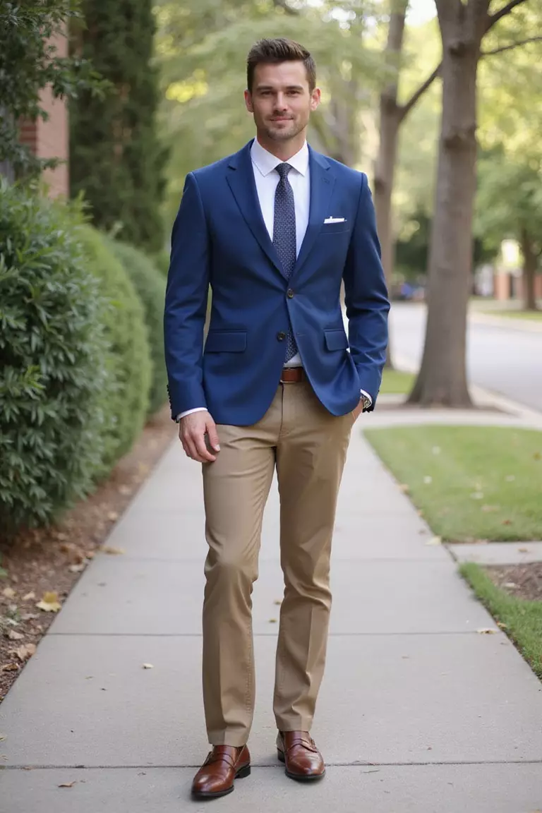 Blue Blazer With Khaki Trousers A professional photo, similar to a photo in a wedding magazine, of a man wearing a structured blue blazer with khaki trousers and brown loafers at a semi-formal wedding.