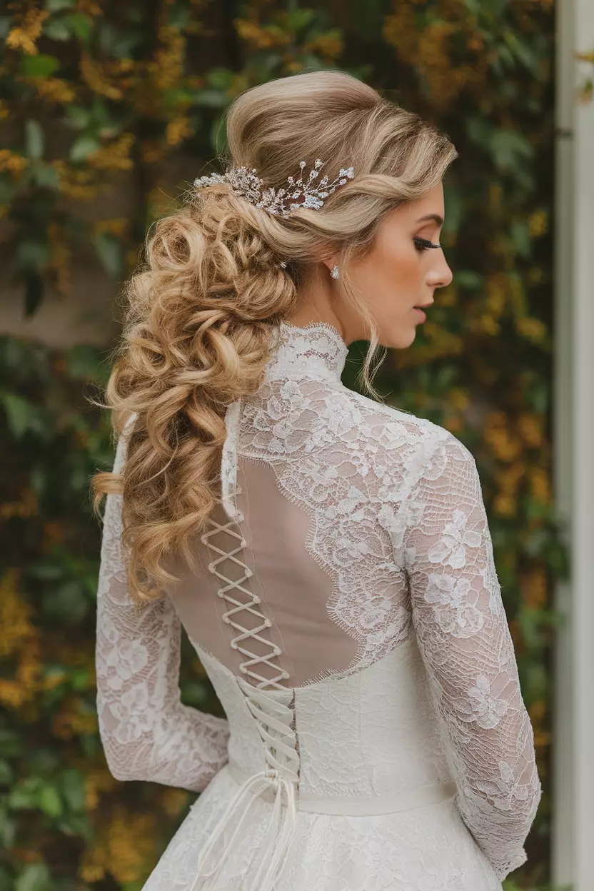 Soft Romantic Curly Low Updo A professional photo, similar to a photo in a wedding magazine, of a bride with a soft romantic low updo featuring loosely gathered curls, accented with a delicate crystal hair vine.