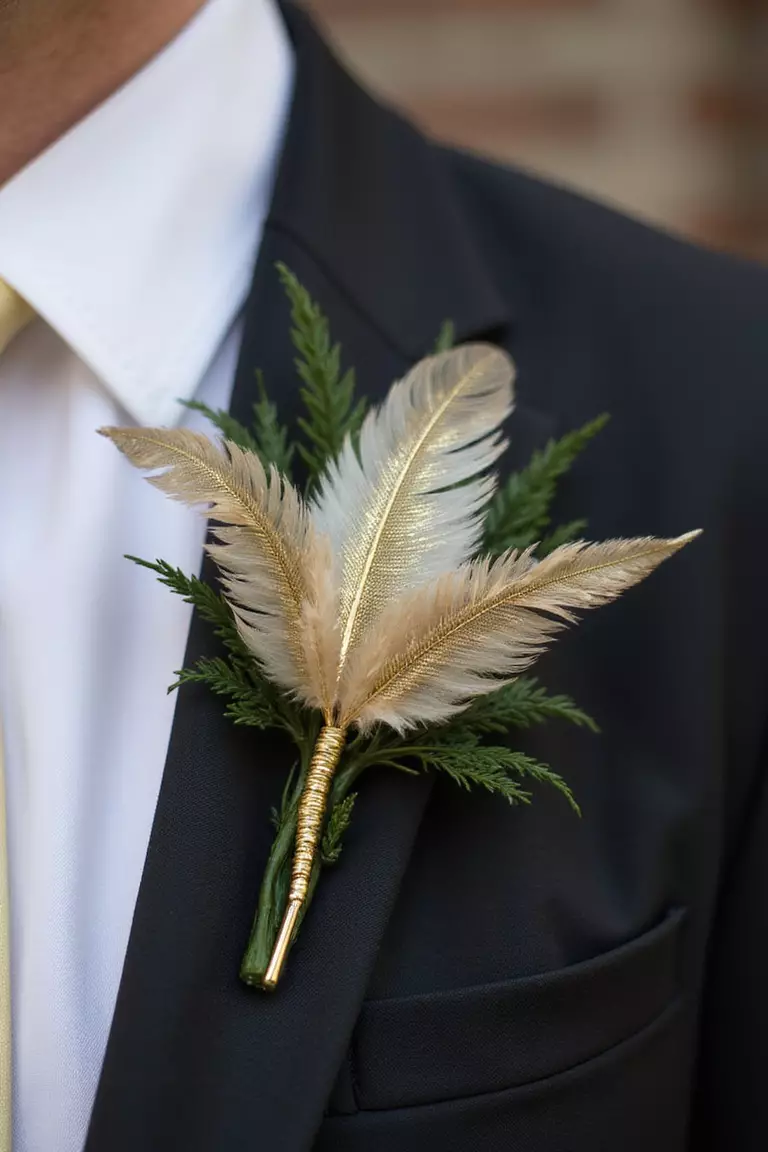 Gold-Dipped Feather Boutonnieres A professional photo, similar to a photo in a wedding magazine, of sophisticated boutonniere featuring small feathers dipped in gold attached to a deep green stem with thin gold wire.