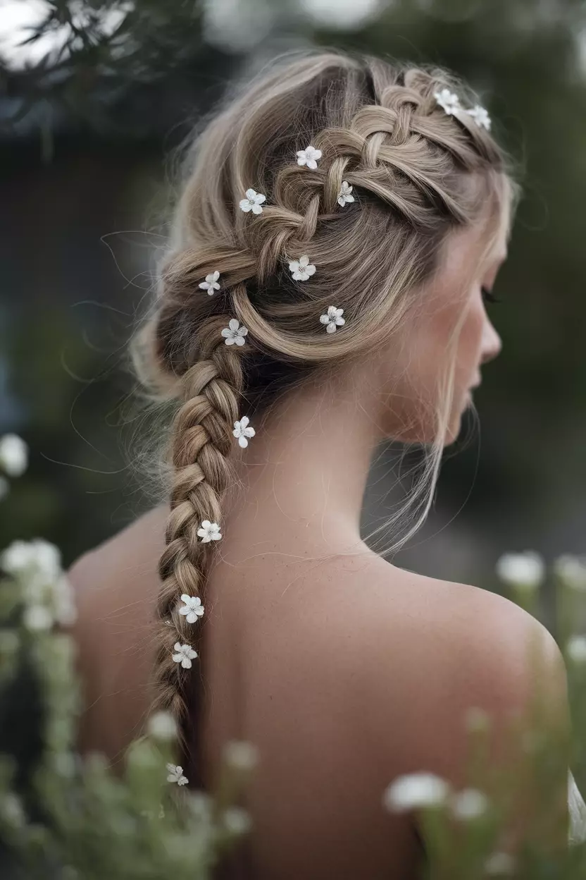 Side Fishtail Braid With Tucked Flowers A professional photo, similar to a photo in a wedding magazine, of a side fishtail braid with small white flowers tucked between the woven strands, trailing over a bare shoulder.