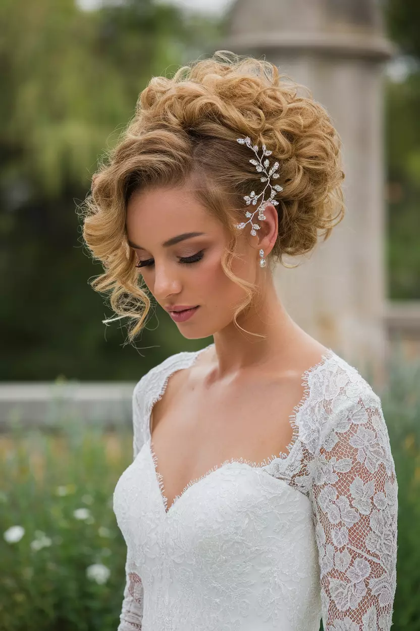 Natural Curly Updo with Tendrils A professional photo, similar to a photo in a wedding magazine, of a bride with a natural curly updo featuring soft face-framing tendrils, embellished with a subtle crystal hair vine.