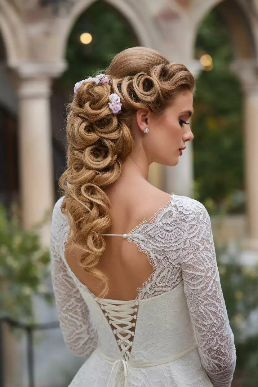 Curly Twisted Updo A professional photo, similar to a photo in a wedding magazine, of a bride with an elegant twisted updo featuring intricate coiled curls secured with hidden pins and small silk flowers.