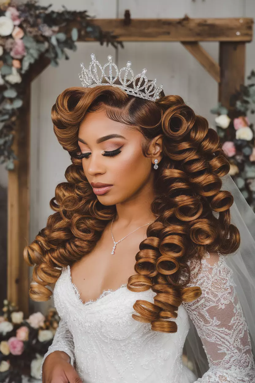 Defined Spiral Curls with Tiara A professional photo, similar to a photo in a wedding magazine, of a bride with perfectly defined spiral curls topped with a sparkling princess tiara, veil attached at the crown.
