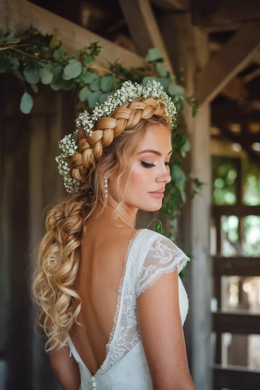 Curly Braided Crown A professional photo, similar to a photo in a wedding magazine, of a bride wearing an intricate braided crown intertwining her natural curls, accented with tiny baby's breath flowers.