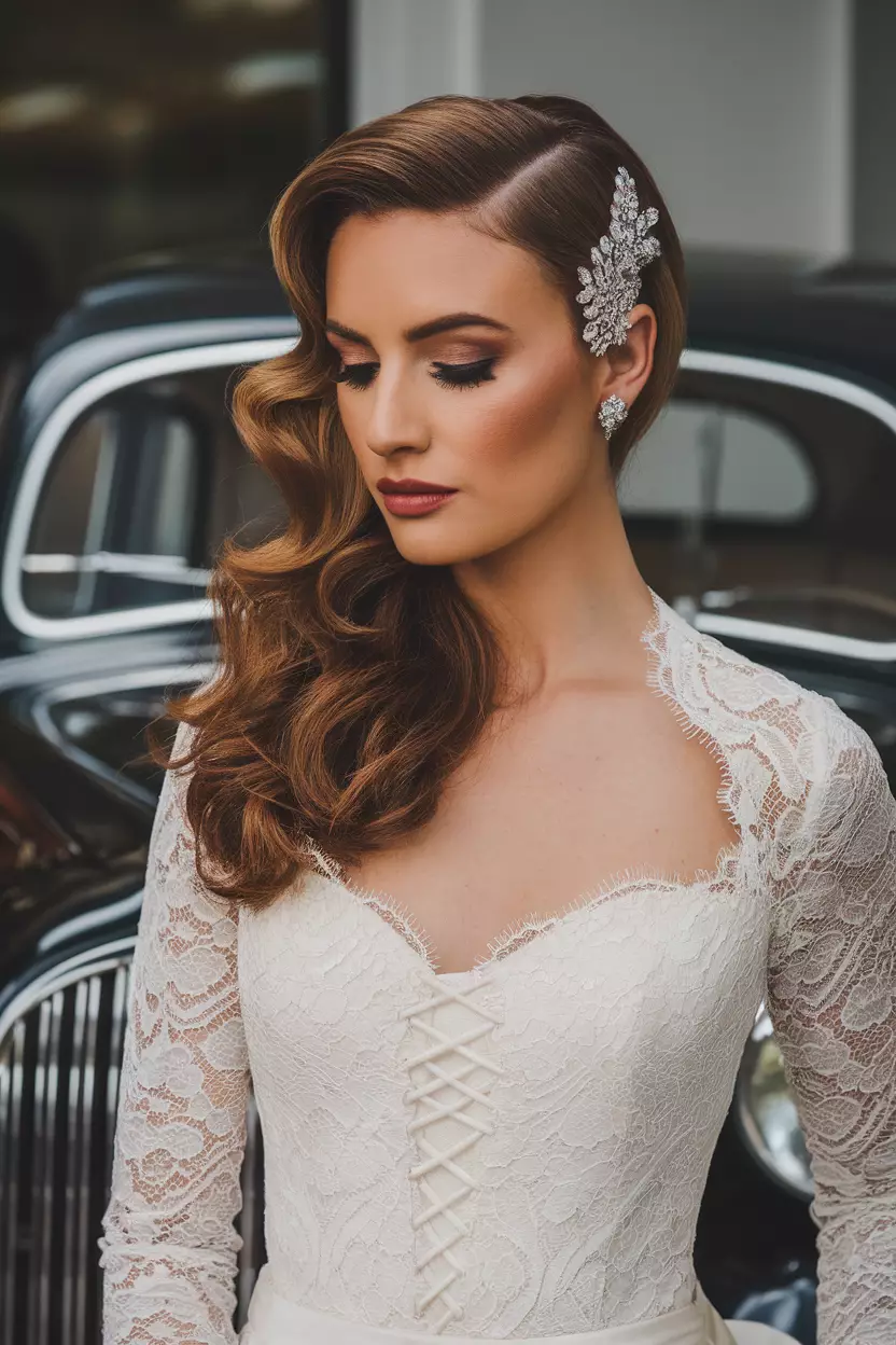 Retro Hollywood Curls A professional photo, similar to a photo in a wedding magazine, of a bride with polished retro Hollywood waves, styled with deep side part and secured with vintage crystal brooch.
