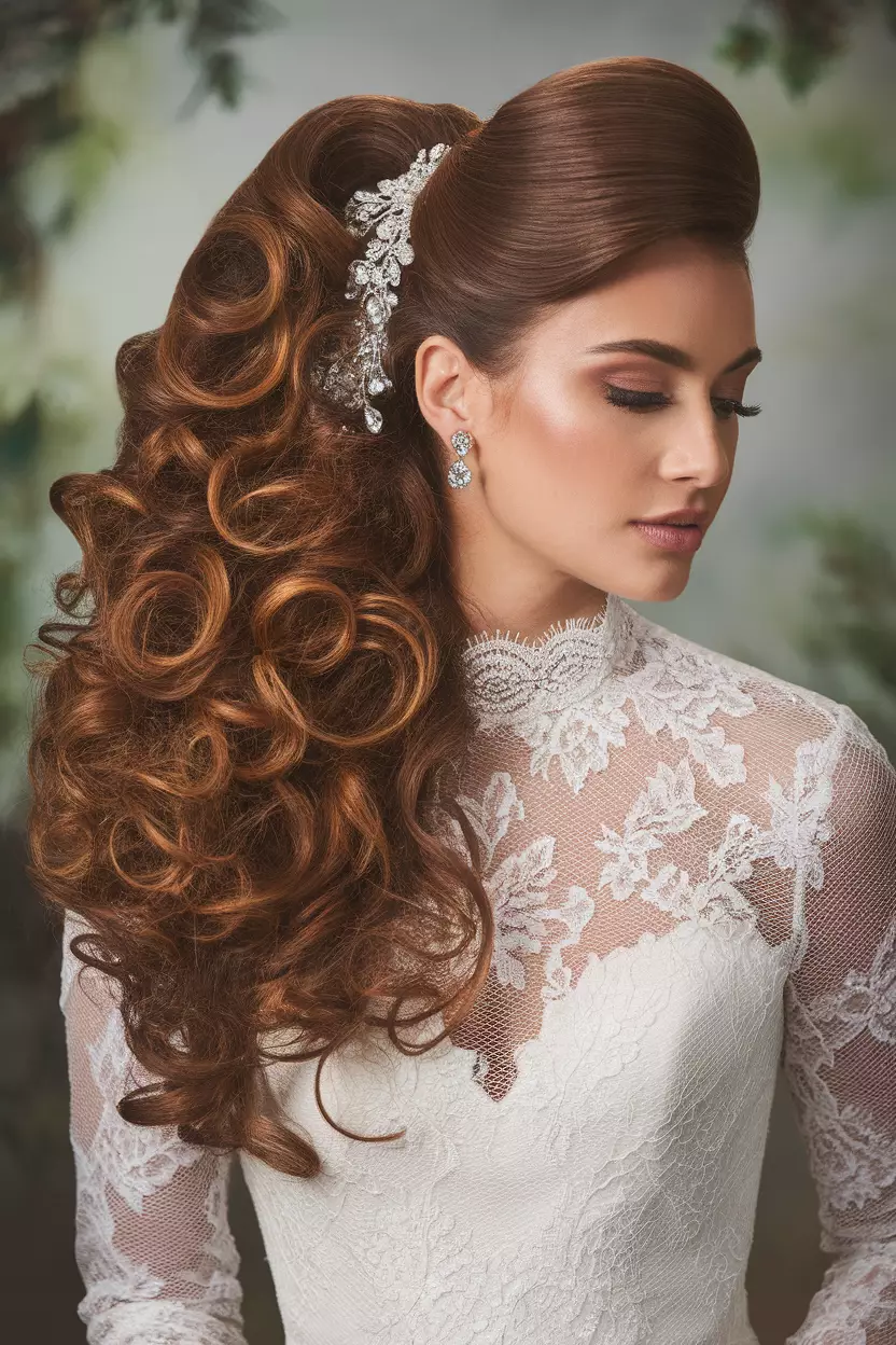 Cascading Curly Ponytail A professional photo, similar to a photo in a wedding magazine, of a bride with a high cascading curly ponytail, with crystal-embellished ribbon woven through the luxurious curls.