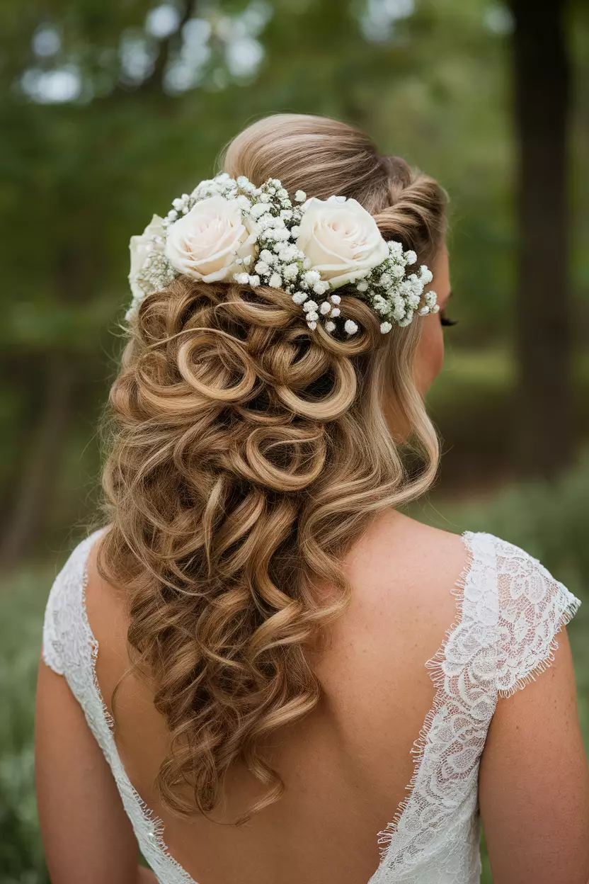 Cascading Curls With Floral Accents A professional photo, similar to a photo in a wedding magazine, of cascading curls adorned with delicate white roses and baby's breath, flowing down a bride's back in soft waves.