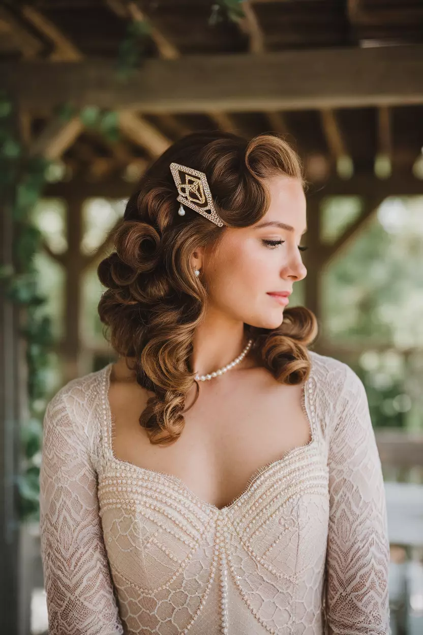 Vintage-Inspired Pinned Curls A professional photo, similar to a photo in a wedding magazine, of a bride with vintage finger-wave inspired pinned curls, adorned with an art deco hairclip reminiscent of 1920s glamour.