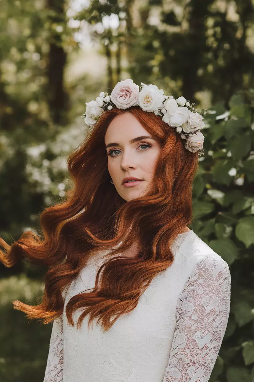 Mermaid Waves With Floral Crown A professional photo, similar to a photo in a wedding magazine, of flowing mermaid waves topped with a delicate floral crown of white and blush roses against auburn hair.
