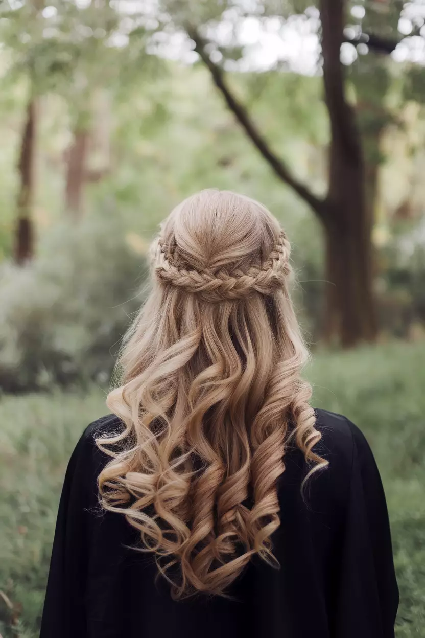 Waterfall Braid With Soft Curls A professional photo, similar to a photo in a wedding magazine, of a waterfall braid transitioning into soft curls, viewed from behind to showcase the intricate pattern.