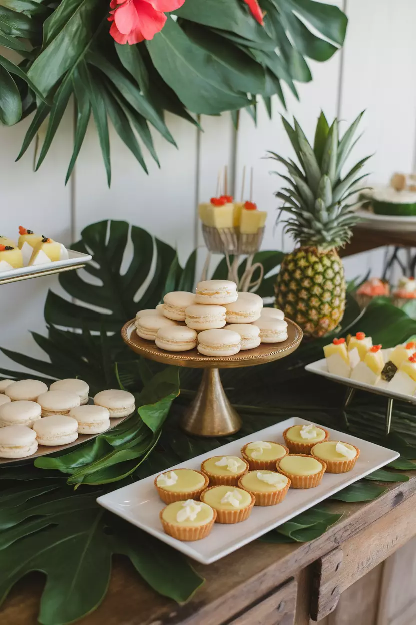 Tropical Dessert Bar A professional photo, similar to a photo in a wedding magazine, of a dessert table featuring tropical treats, coconut macaroons, key lime tarts, and pineapple skewers.