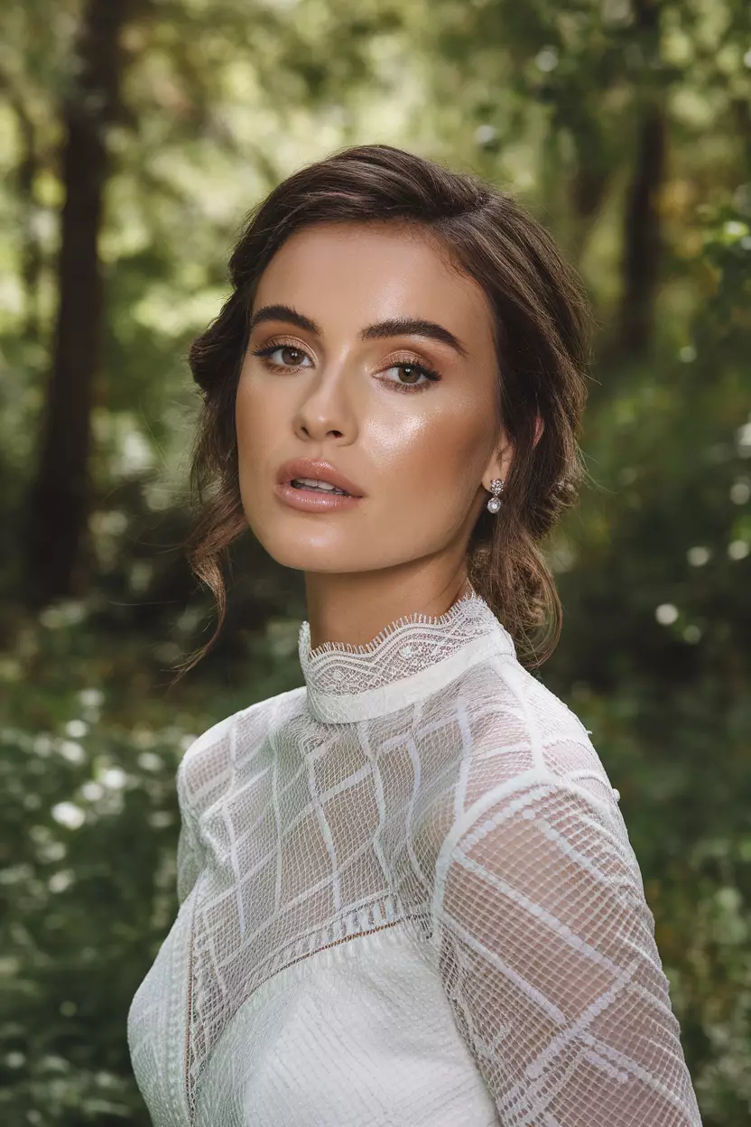 A professional photo, similar to a photo in a wedding magazine, of a bride with brown eyes showcasing glowing dewy skin with minimal, natural eye makeup.
