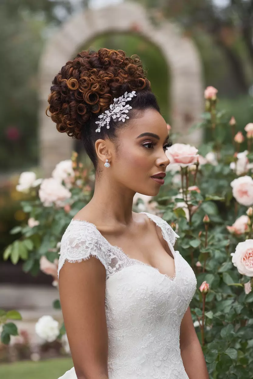 Voluminous Curly High Bun A professional photo, similar to a photo in a wedding magazine, of a bride sporting a voluminous high bun of defined curls, accented with a delicate beaded headpiece.