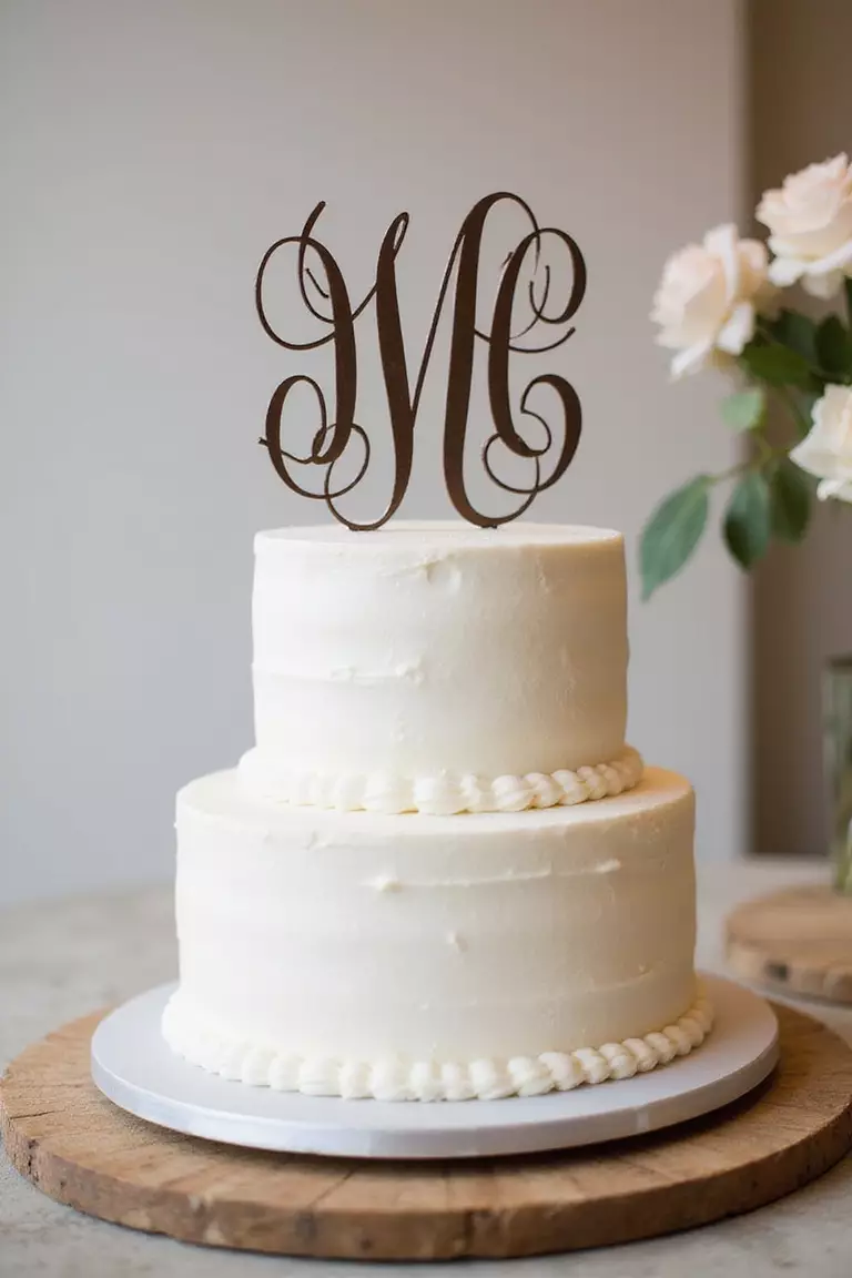 Monogrammed Cake A professional photo, similar to a photo in a wedding magazine, of a simple round cake topped with a large, elegant script monogram representing the couple's initials.