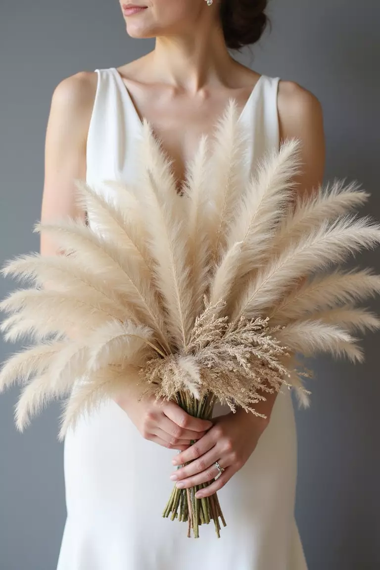 Dried Pampas Grass Cloud A professional photo, similar to a photo in a wedding magazine, of a bride holding a large, airy bouquet dominated by fluffy beige pampas grass plumes, accented with dried lunaria and bunny tails.