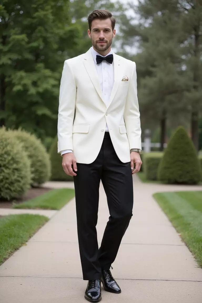 White Dinner Jacket A professional photo, similar to a photo in a wedding magazine, of a man wearing a white dinner jacket, black tuxedo pants, black bow tie, and patent leather shoes at an elegant garden venue