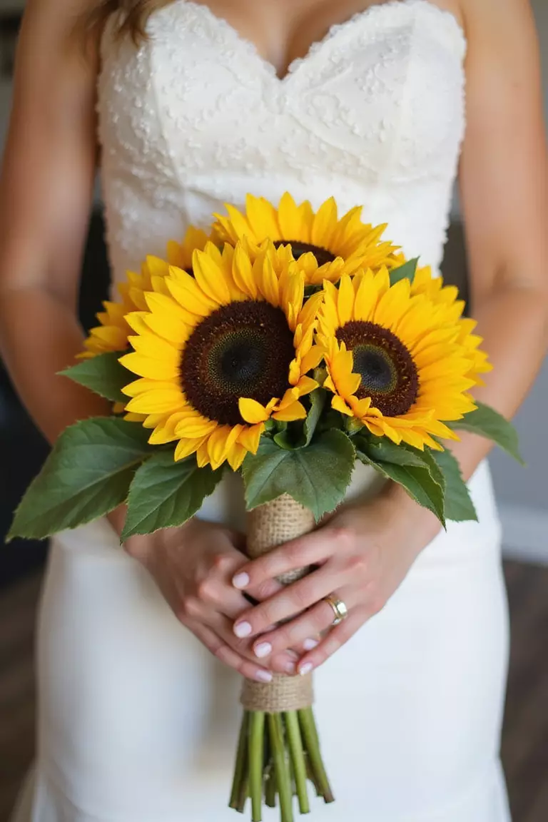 Sunflowers With Burlap Wrap A professional photo, similar to a photo in a wedding magazine, of a bride holding a sunflower bouquet with the stems wrapped simply in natural burlap fabric, enhancing a rustic theme.