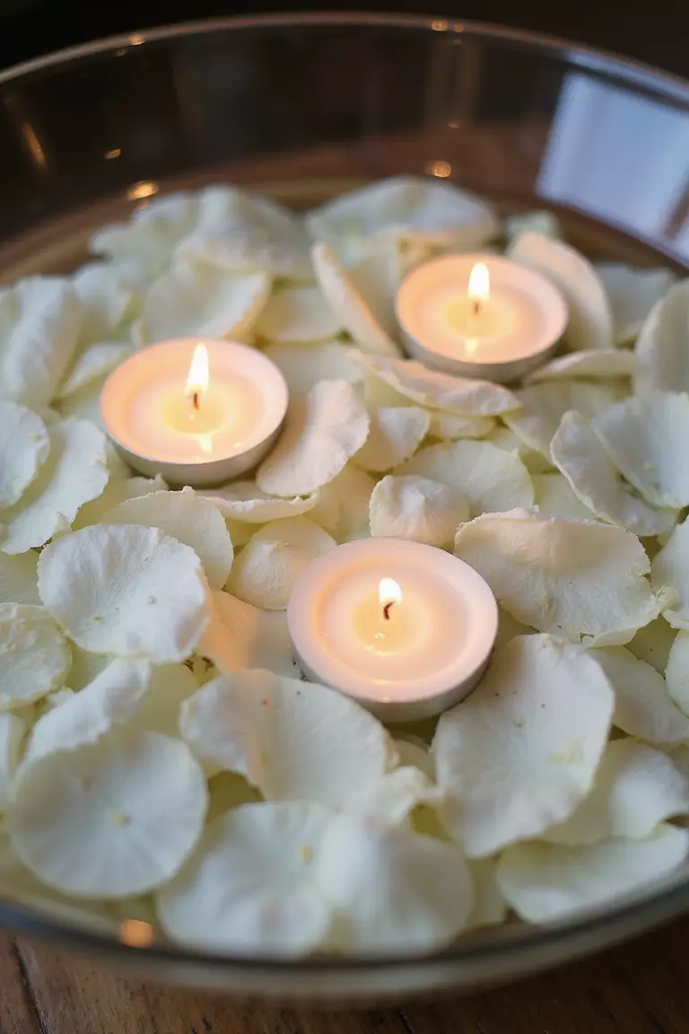 Floating Candles and Petals A professional photo, similar to a photo in a wedding magazine, of a wide, shallow glass bowl filled with water, floating white gardenia petals, and small lit floating candles.