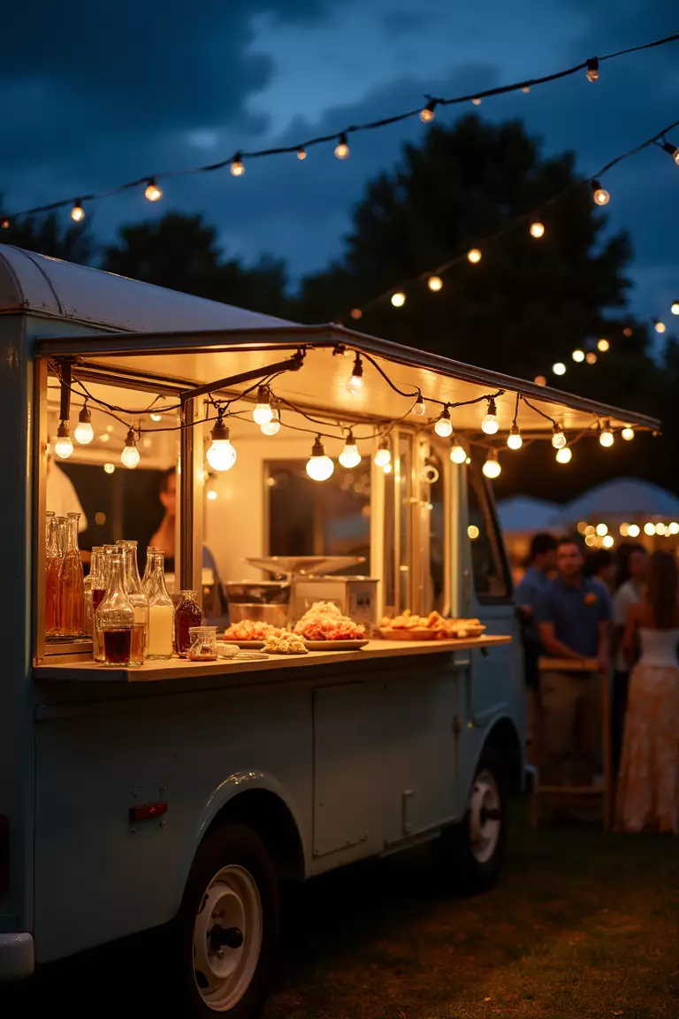Food Trucks Instead Of Sit Down Dinners A professional photo, similar to a photo in a wedding magazine, of a brightly lit vintage food truck under string lights at an outdoor evening reception.
