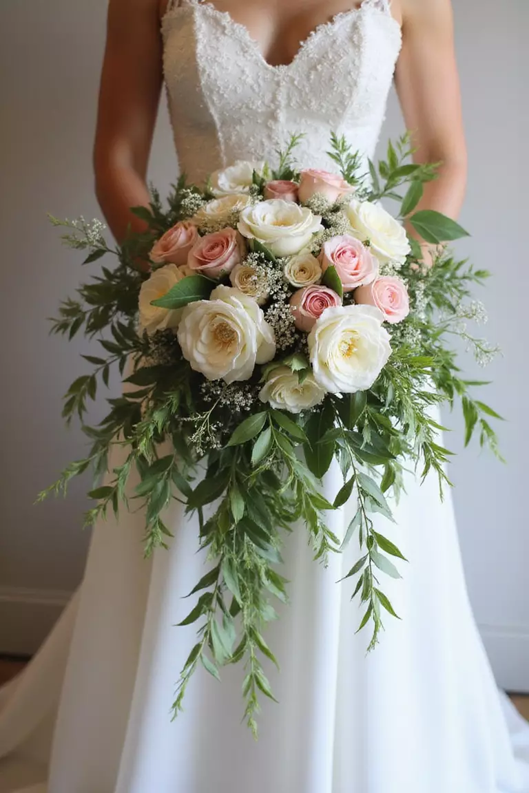 Oversized Asymmetrical Beauty A professional photo, similar to a photo in a wedding magazine, of a bride holding a large, dramatic bouquet arranged in a loose, asymmetrical shape with long trailing greenery and varied flower sizes.