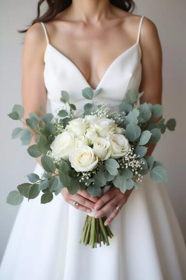Eucalyptus And White Roses A professional photo, similar to a photo in a wedding magazine, of a bride holding a romantic bouquet pairing fragrant silver dollar eucalyptus stems with classic white roses and perhaps some waxflower.
