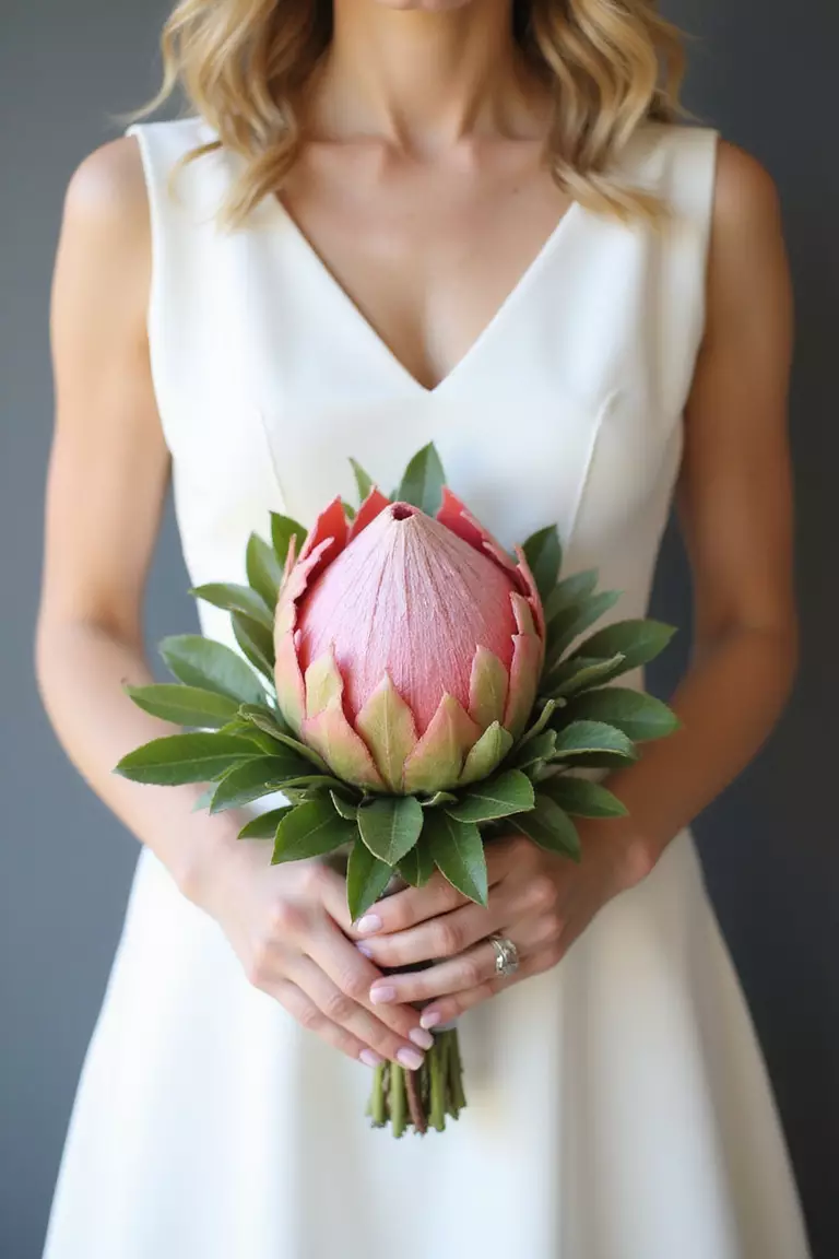 Single King Protea Statement A professional photo, similar to a photo in a wedding magazine, of a bride holding a minimalist bouquet consisting of just one large, impressive King Protea bloom with minimal surrounding greens.