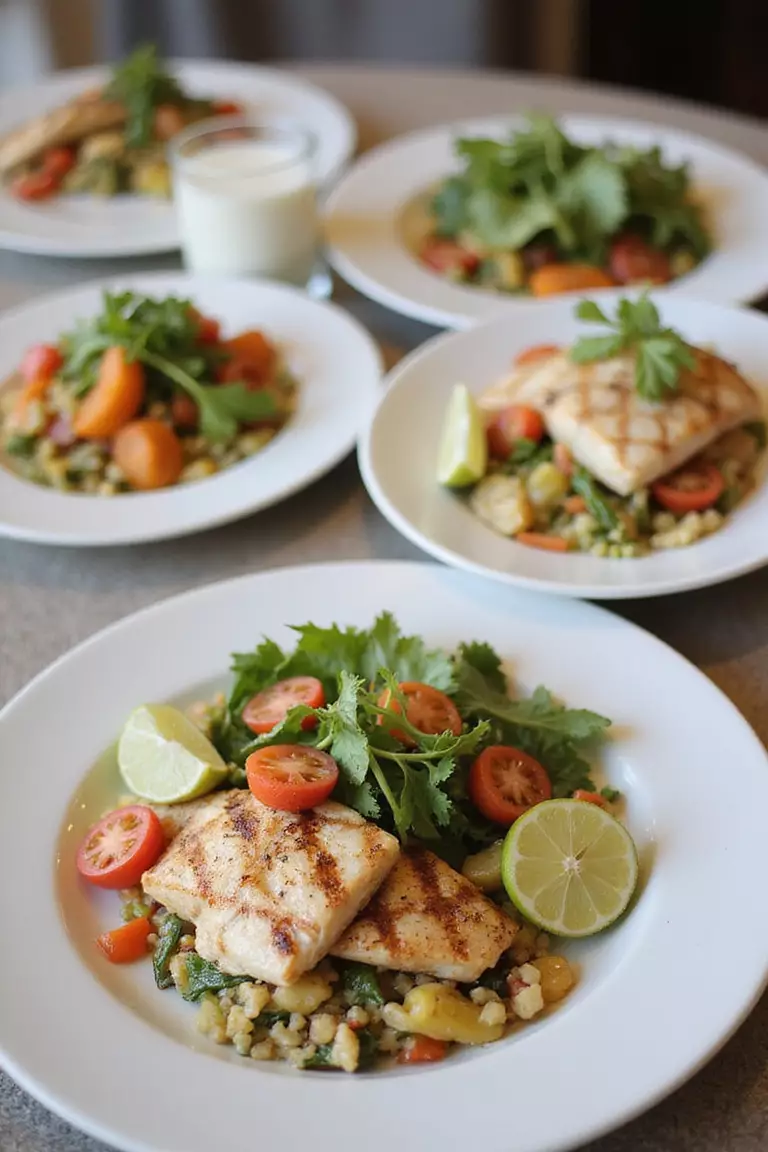 Plan A Lighter Menu A professional photo, similar to a photo in a wedding magazine, of beautifully presented plates with grilled fish, fresh salads, and colorful summer vegetables at a wedding dinner.