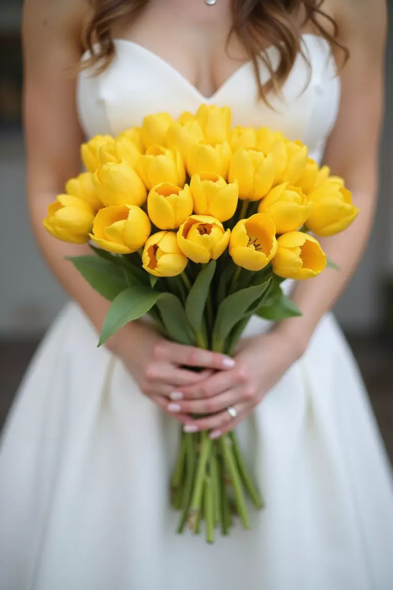 Tulip Simplicity A professional photo, similar to a photo in a wedding magazine, of a bride holding a cheerful bouquet composed entirely of tightly bundled bright yellow tulips, showcasing their simple beauty.