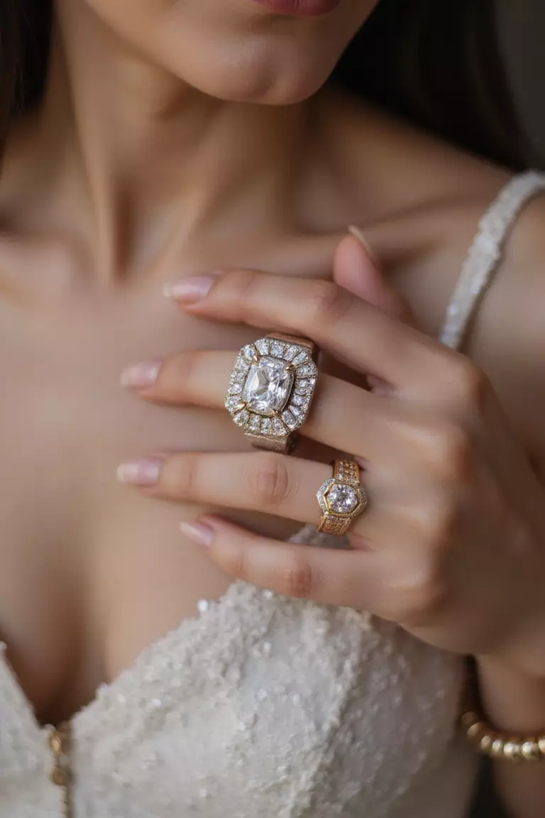 Vintage Engagement Ring A professional photo, similar to a photo in a wedding magazine, of a close-up on a hand wearing an art deco engagement ring with unique geometric patterns.